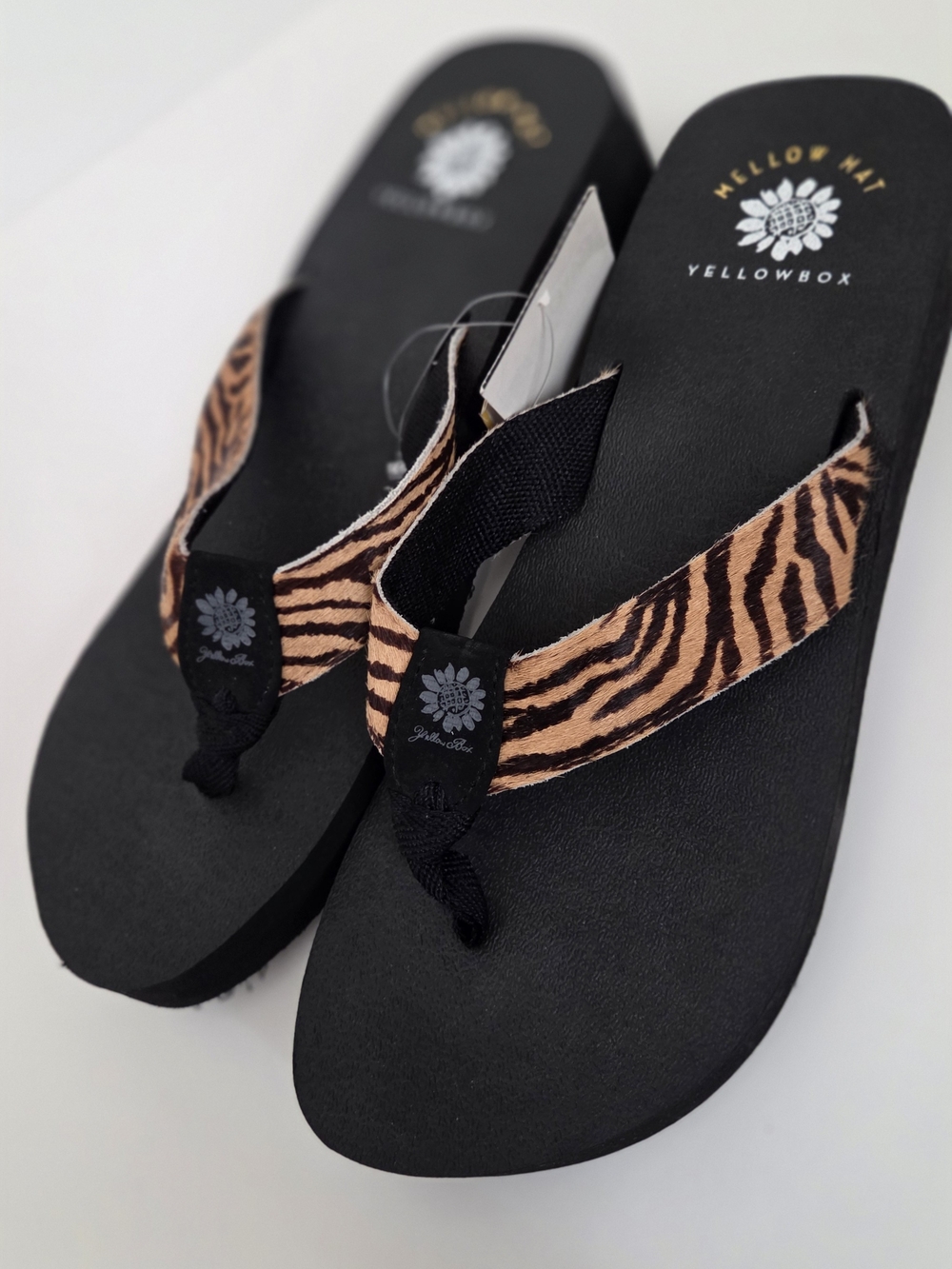 Yellow Box Women’s Black Flip Flop Sandals with Tiger-Print Straps